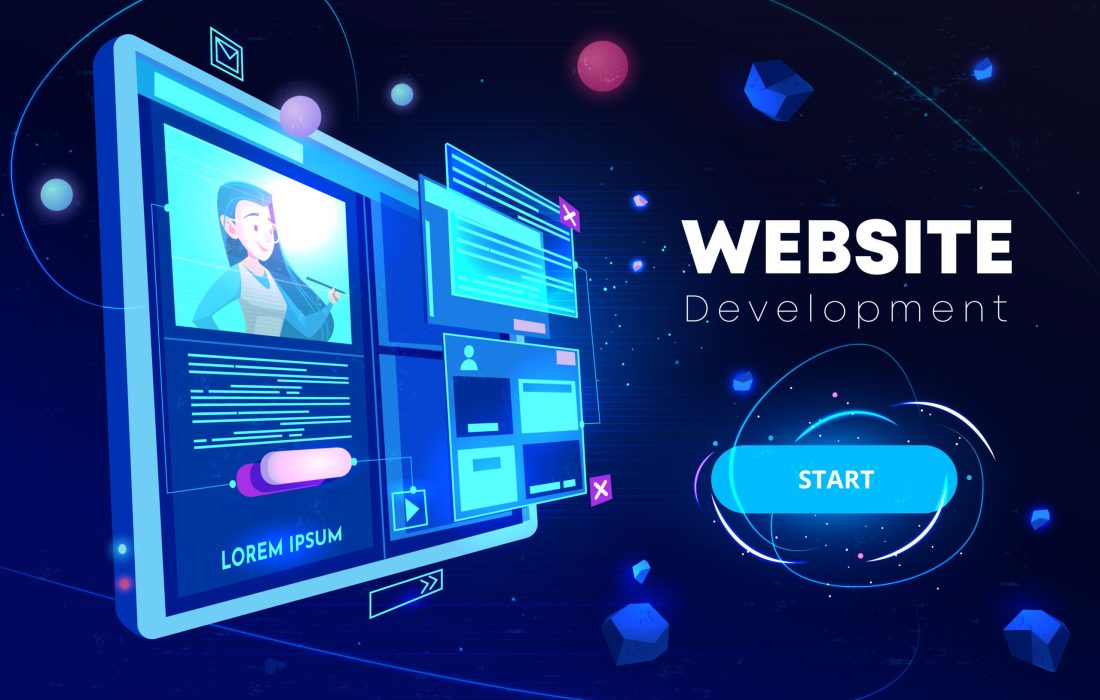 Website development banner, computer technology, monitor with open browser page and woman profile on screen, futuristic background in neon glowing colors. Cartoon vector illustration, landing page